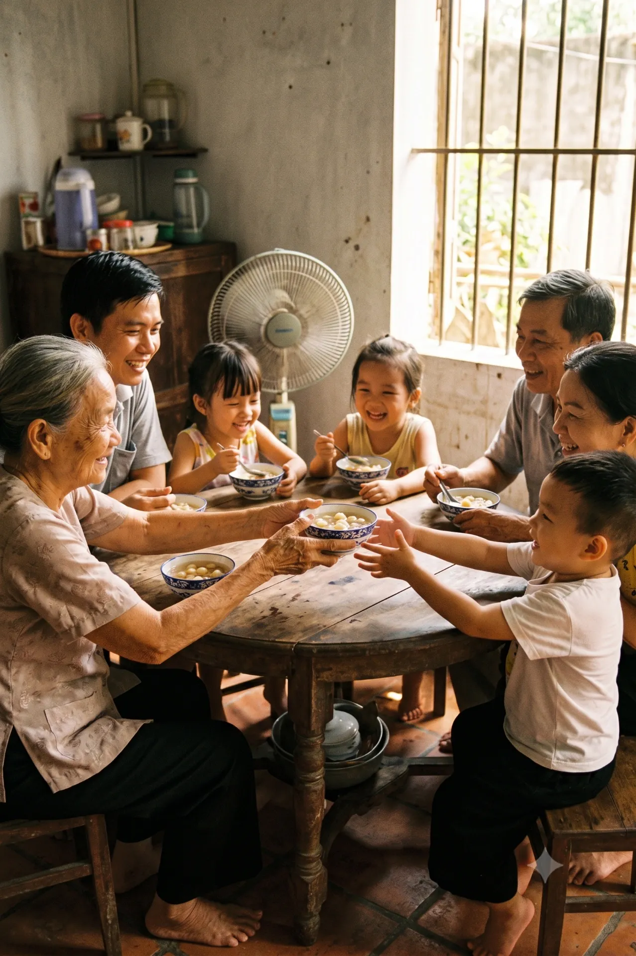 Gia đình quây quần thưởng thức chè sen long nhãn trong bữa chiều hè