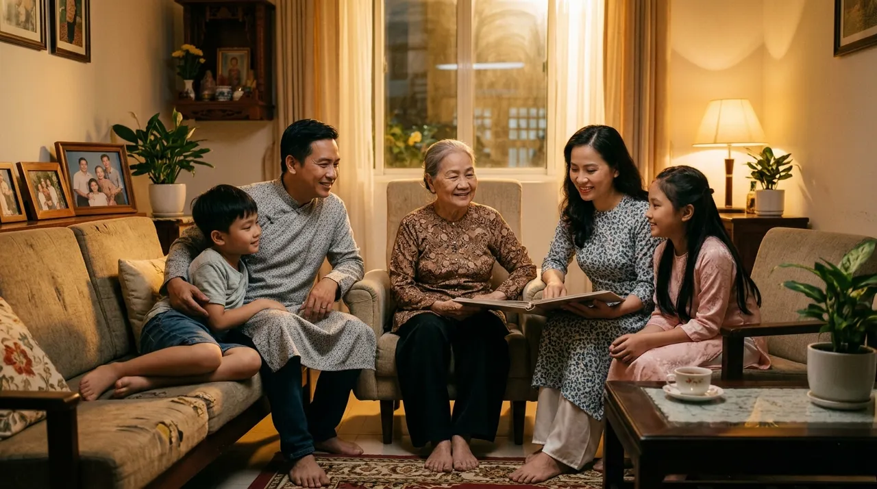 Gia đình ba thế hệ quây quần bên nhau trong mùa Vu Lan 2026