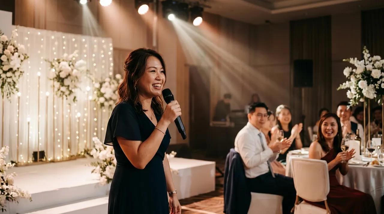 Người phát biểu chúc mừng cô dâu chú rể trên sân khấu tiệc cưới