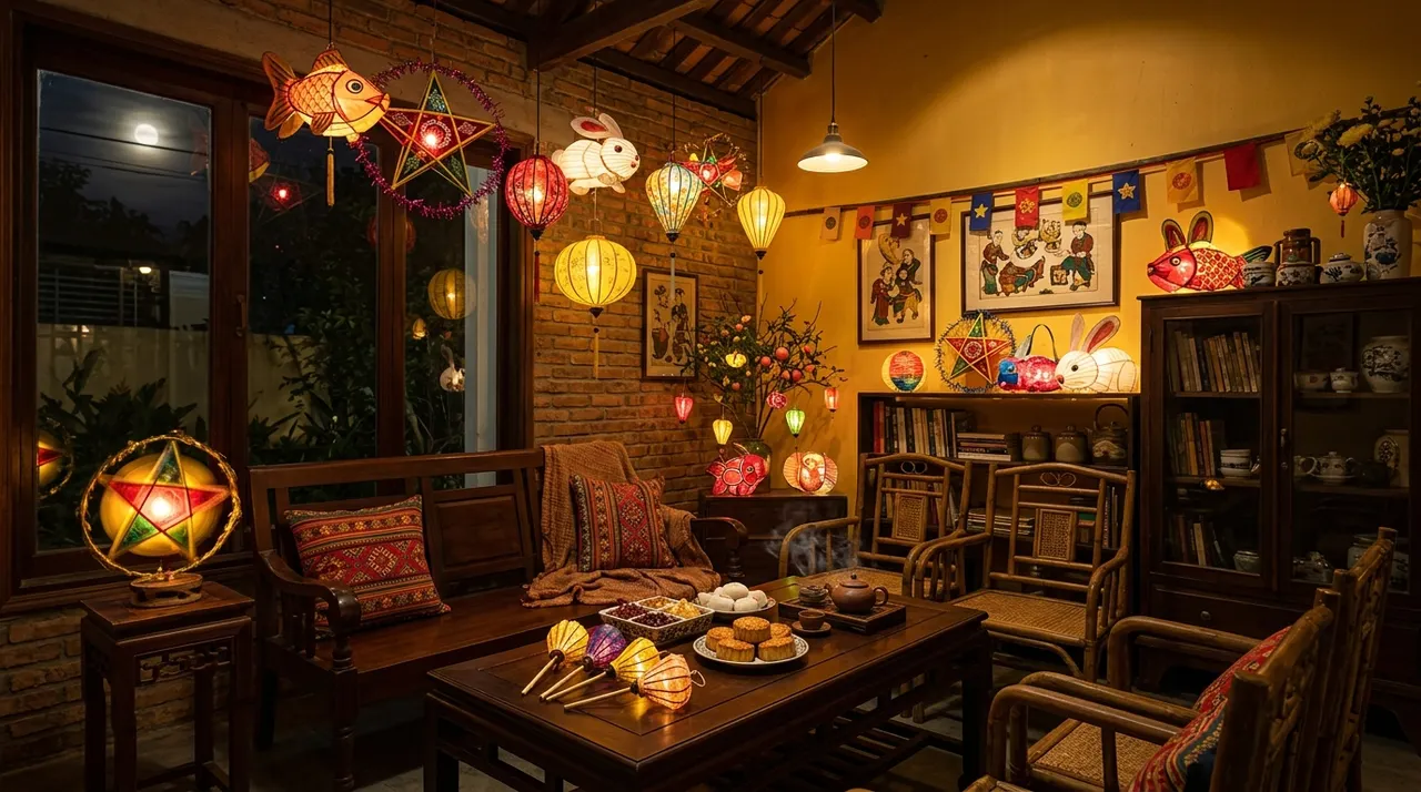 bày trí đèn lồng Trung thu