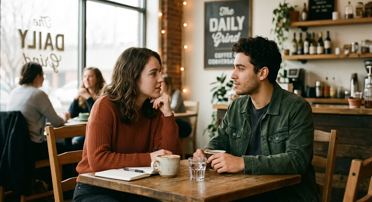 Two people having an honest first date conversation